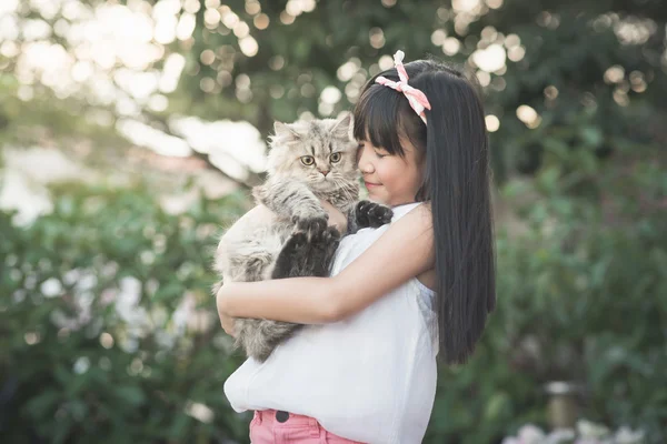 Asian dziewczynka gospodarstwa piękny kot Perski — Zdjęcie stockowe