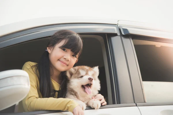 Asiatique fille et sibérien husky chiot assis dans la voiture — Photo