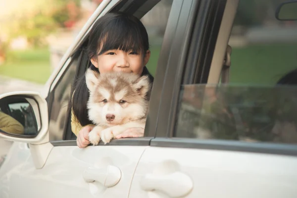 Ásia menina e siberiano husky filhote de cachorro sentado no o carro — Fotografia de Stock
