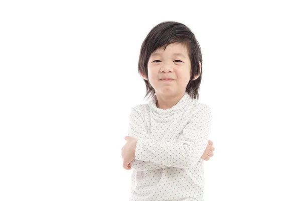 Крупним планом щасливий маленький азіатський хлопчик на білому тлі — стокове фото