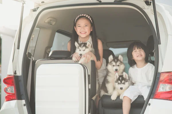 Feliz asiático niños y siberiano husky cachorro sentado en el coche — Foto de Stock
