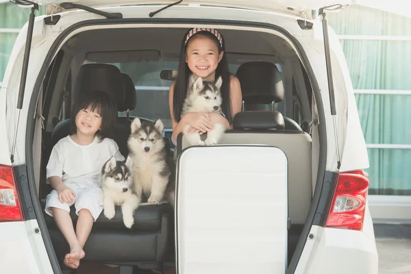 Heureux asiatique les enfants et sibérien husky chiot assis dans l 'voiture — Photo