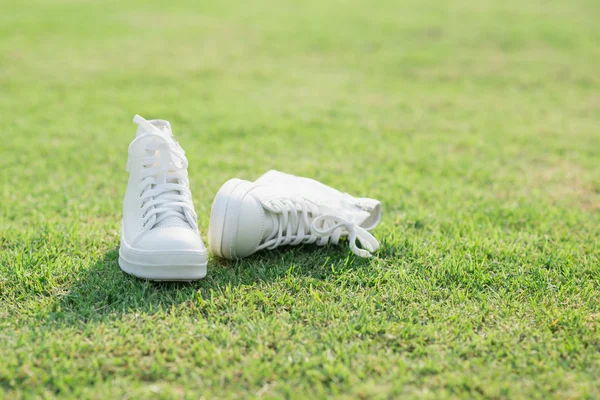 Baskets blanches sur herbe verte — Photo