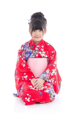 Japon geleneksel kıyafet oturuşta Asyalı kız