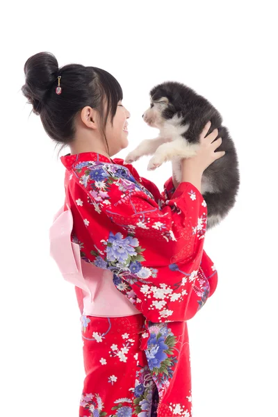 Liten asiatisk flicka i röd kimono leker med en siberian husky pu — Stockfoto