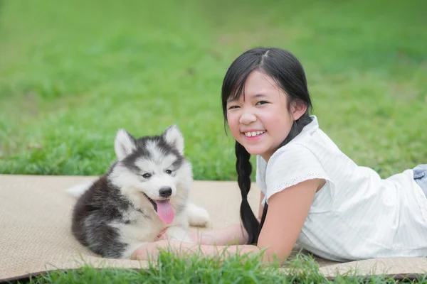 Hermosa chica asiática jugando con siberiano husky cachorro — Foto de Stock