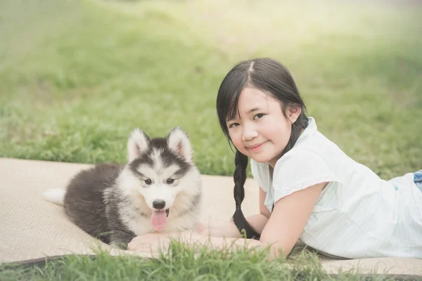 Bela ásia menina jogar com siberiano husky cachorrinho — Fotografia de Stock