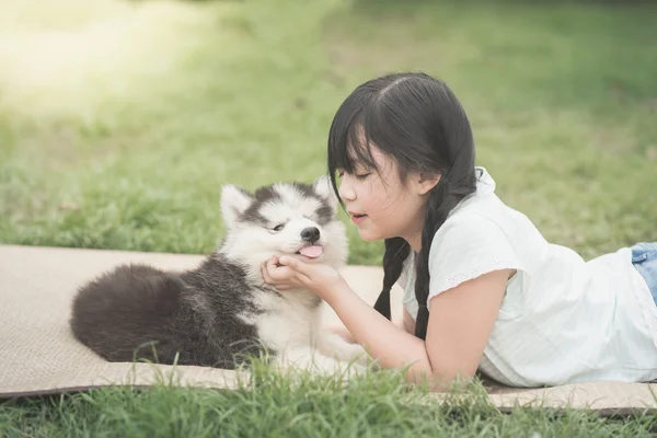 Bela ásia menina jogar com siberiano husky cachorrinho — Fotografia de Stock