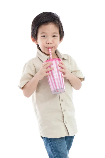 Cute Asian child drinking with paper straw — Stock Photo, Image