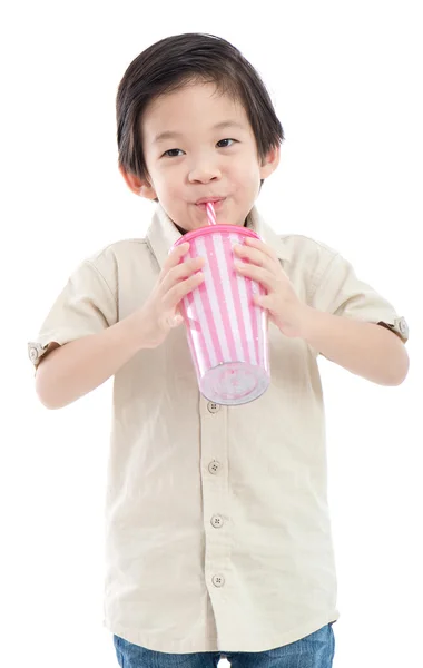 Cute Asian child drinking with paper straw — Stock Photo, Image