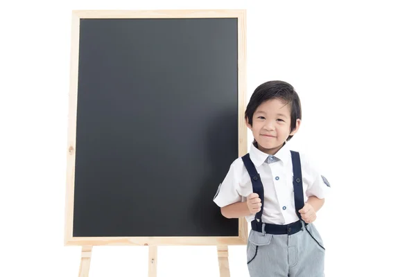 Carino bambino asiatico con lavagna nera — Foto Stock