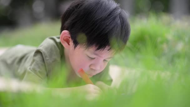 Lindo niño asiático dibujo con crayón — Vídeos de Stock