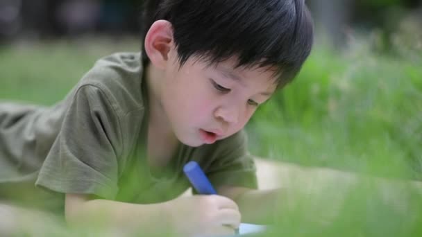 Cute Asian child drawing picture with crayon — Stock Video