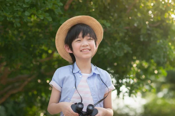 Cute Asian Child Holding Binoculars Outdoors Sunny Summer Day — Stock Photo, Image