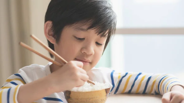 Söt Asiatisk Pojke Äter Ris Med Ätpinnar — Stockfoto