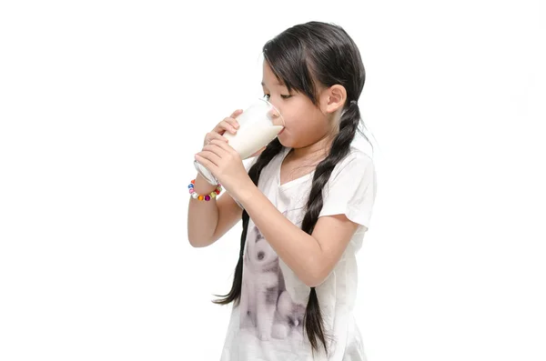 Little asian girl drinking milk — Stock Photo, Image