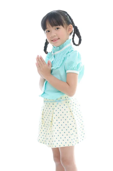 Malá Asiatka s úvodní výraz Sawasdee — Stock fotografie