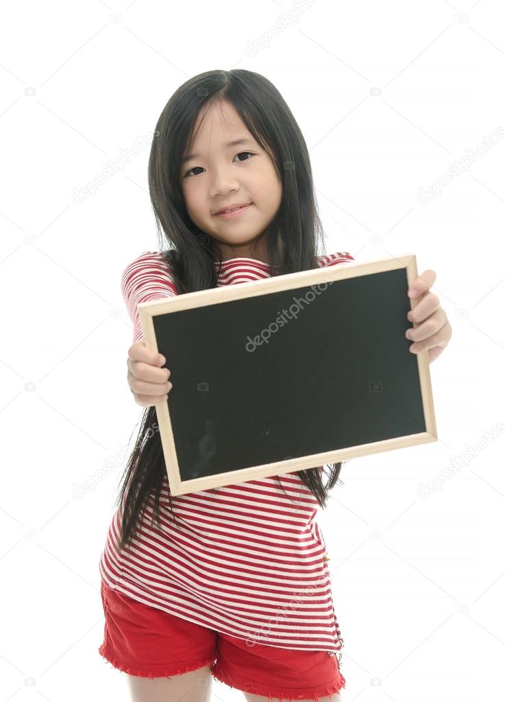 Beautiful asian girl holding chalk board 