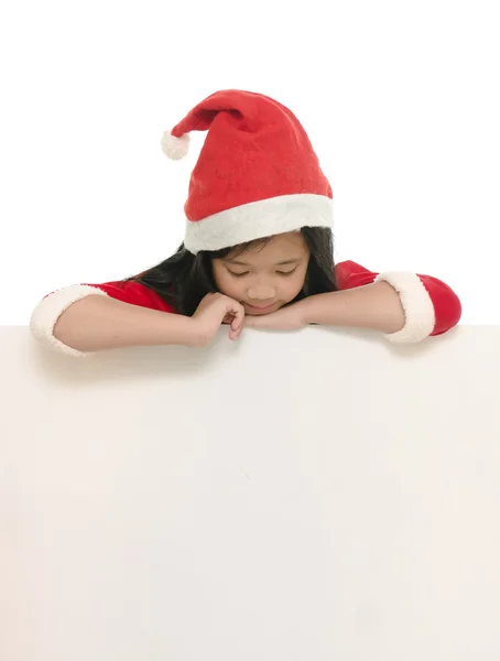 美丽的亚洲女孩在圣诞老人服装与白板 — 图库照片
