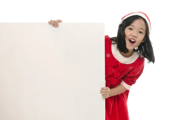 Bela ásia menina no santa traje com quadro branco — Fotografia de Stock