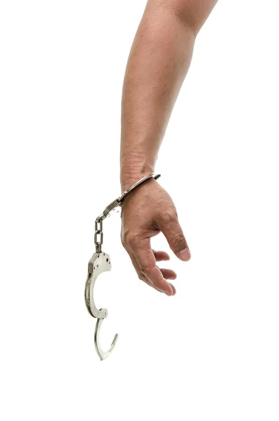 Man hands with handcuffs showing victory sign — Stock Photo, Image