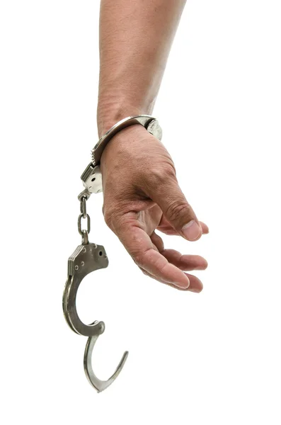 Чоловічі руки з наручниками, що показують знак перемоги — стокове фото