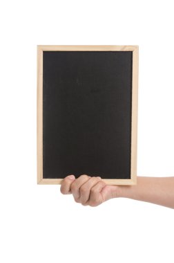 kadın el yazı tahtası beyaz arka plan üzerinde tutarak 