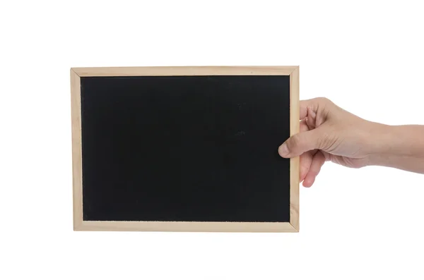 Kadın el yazı tahtası beyaz arka plan üzerinde tutarak — Stok fotoğraf