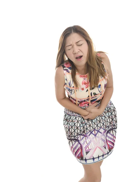 Vrouw met buikpijn, geïsoleerd op witte achtergrond — Stockfoto