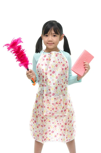 Beautiful asian girl wearing apron and holding Feather duste — Stock Photo, Image