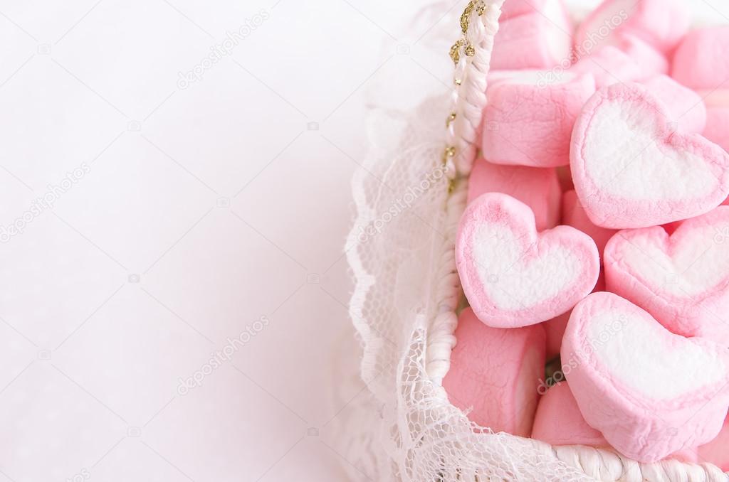 Pink heart marshmallow in Vintage basket 
