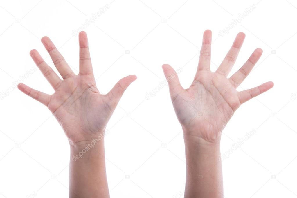 Asian girl's hands on white background 