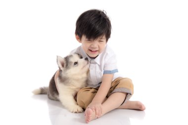 Sibirya husky yavrusu ile oturma sevimli Asya çocuk