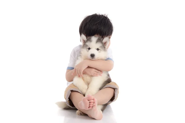 Lindo asiático chico sentado con siberiano husky cachorro — Foto de Stock