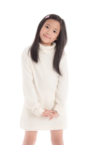 Cute asian girl in white turtleneck dress showing ok sign — Stock Photo, Image