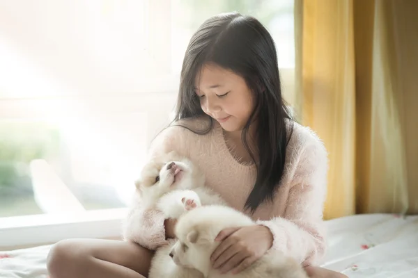 Poco asiático jugando con siberiano husky cachorros — Foto de Stock