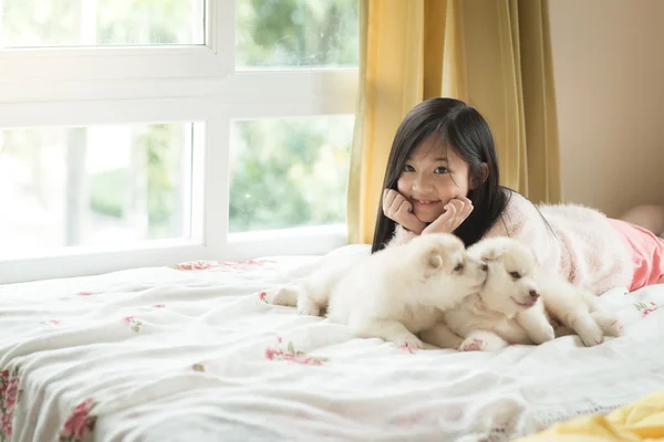 Pouco asiático menina deitado com dois siberiano husky filhotes — Fotografia de Stock