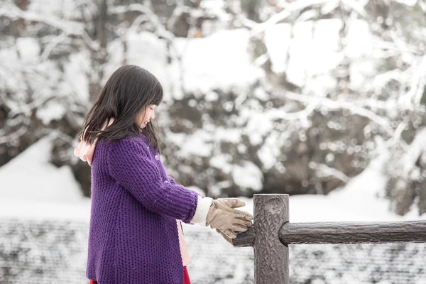 Cute asian girl smiling outdoors in snow — Stock Photo, Image