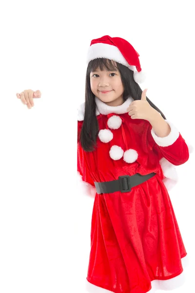 Gadis asia kecil berseragam Santa Claus dengan bann kosong — Stok Foto