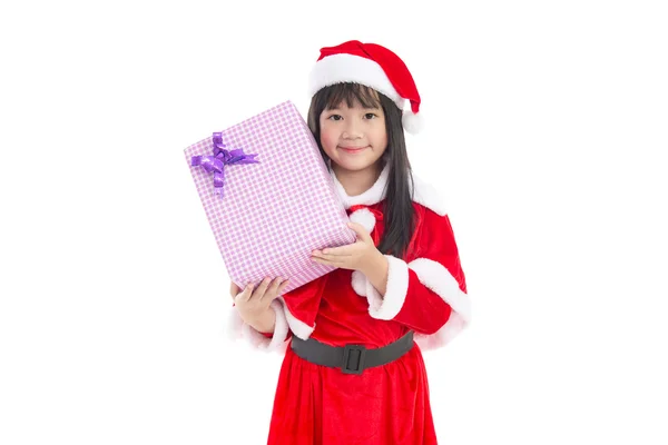 大きなプレゼントの箱を持ってサンタ クロース制服かわいいアジアの女の子 — ストック写真
