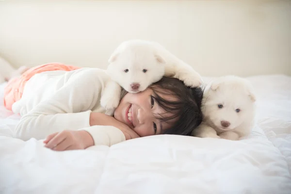 Азиатская девушка лежит с двумя сибирскими щенками хаски на кровати — стоковое фото