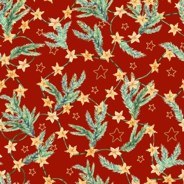 Suluboya Noel köknar dalları, peynir çelengi ve kırmızı arka planda yıldızlar. Tebrik kartları, afişler, çerçeveler, ambalaj kağıdı ve kitap kapağı için mutlu yıllar ilüstrasyonu tasarla.