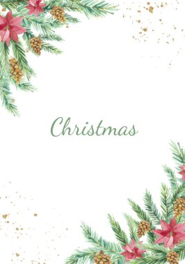 Köknar dalları ve çiçeklerle suluboya Noel çerçevesi. Tebrik kartları, çerçeveler, davetiye şablonları ve parti kartı için Mutlu Yıllar illüstrasyonu tasarla.