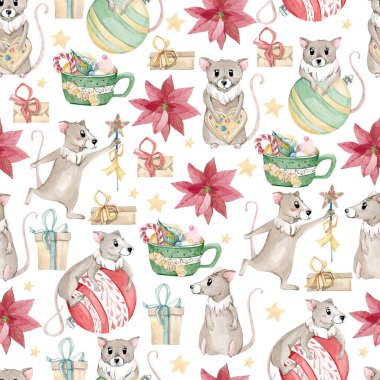 Suluboya desensiz Noel çiçekleri ve şirin fare kompozisyonları. Tebrik kartları, afişler, çerçeveler, davetiye şablonları, ambalaj kağıtları ve geleneksel takvimler için mutlu yıllar ilüstrasyonu tasarla.