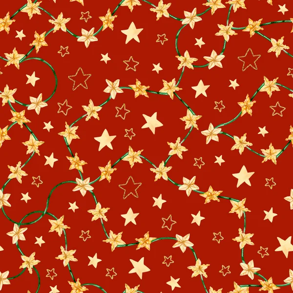 Aquarell Weihnachtsgirlande Aus Käse Und Sternen Auf Rotem Hintergrund Gestalten — Stockfoto