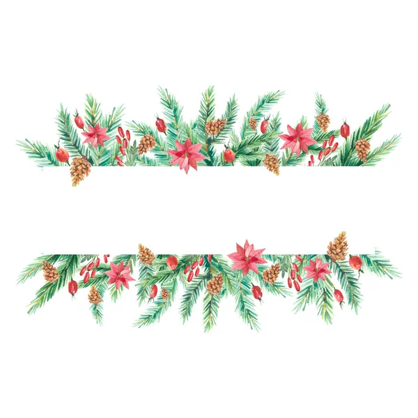 モミの枝や花と水彩クリスマスバナー グリーティングカード フレーム 招待テンプレート パーティーカードのための幸せな新年のイラストをデザイン — ストック写真