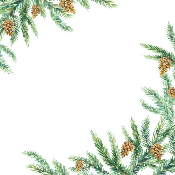 Yeşil köknar dalları ve köknar kozalaklarıyla suluboya Noel afişi. Tebrik kartları, çerçeveler, davet şablonları için tasarım çizimi.