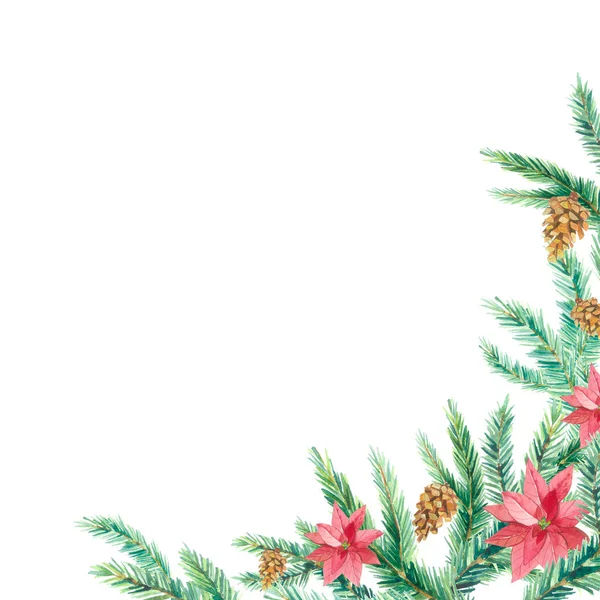 Aquarell Weihnachtsbanner Mit Grünen Tannenzweigen Tannenzapfen Und Blumen Design Illustrationen — Stockfoto