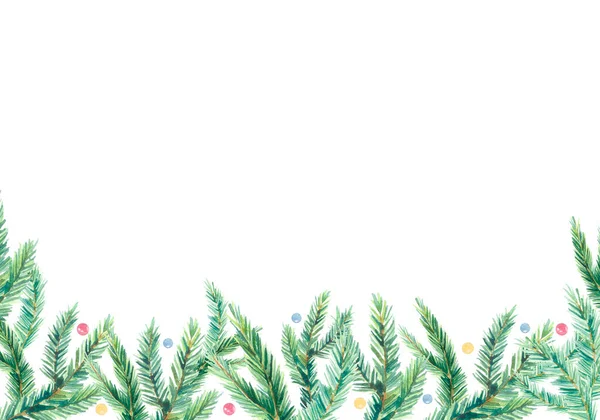 緑のモミの枝の組成を持つ水彩クリスマスバナー グリーティングカード フレーム 招待テンプレート 伝統的なカレンダーのためのデザインイラスト — ストック写真