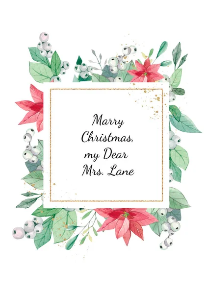 Ağaç dallı suluboya Noel çerçevesi. Tebrik kartları, çerçeveler, davetiye şablonları için mutlu yeni yıl illüstrasyonu tasarla.